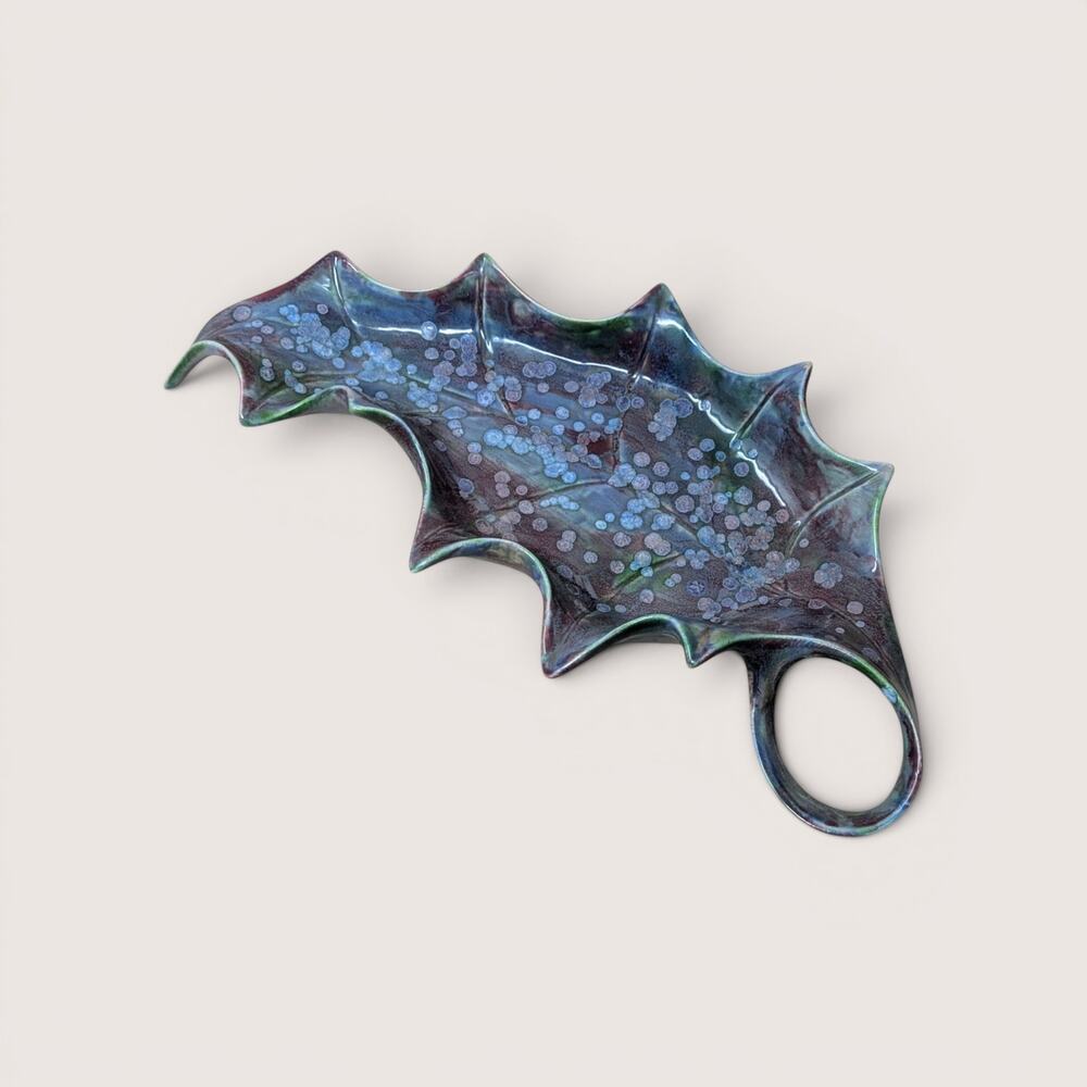 1970s Handmade Ceramic Drip Glaze Holly Leaf Dish